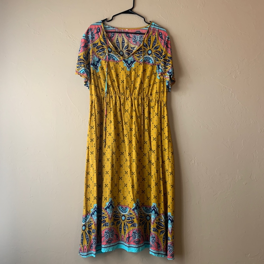 Yellow Tie-Neck Paisley Print Dress